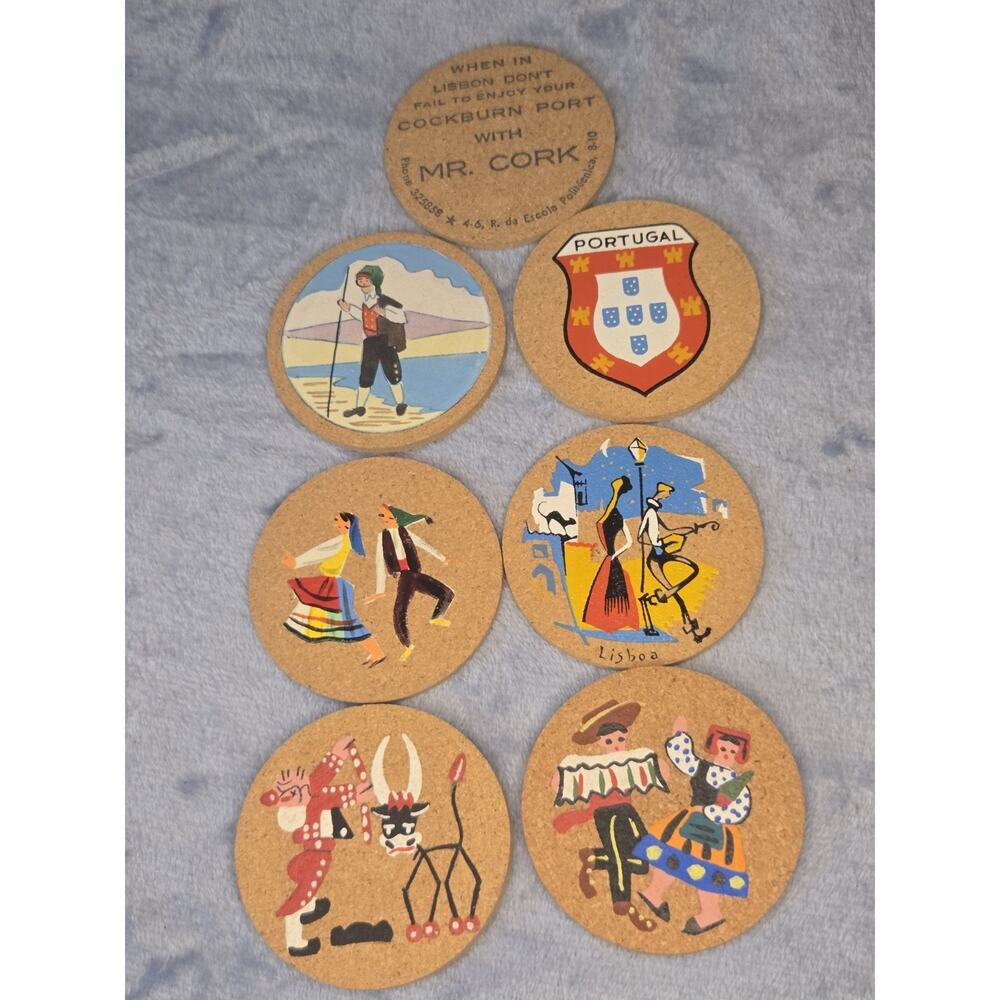 Mr. Cork Illustrated Round Cork Coaster Set Portugal Vintage 1970s